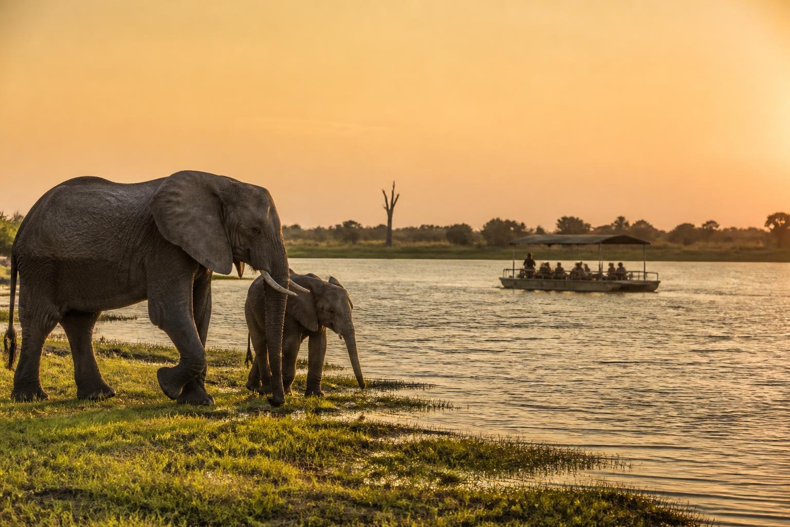 Tranquil safari scene with elephants near the Chobe River in Botswana