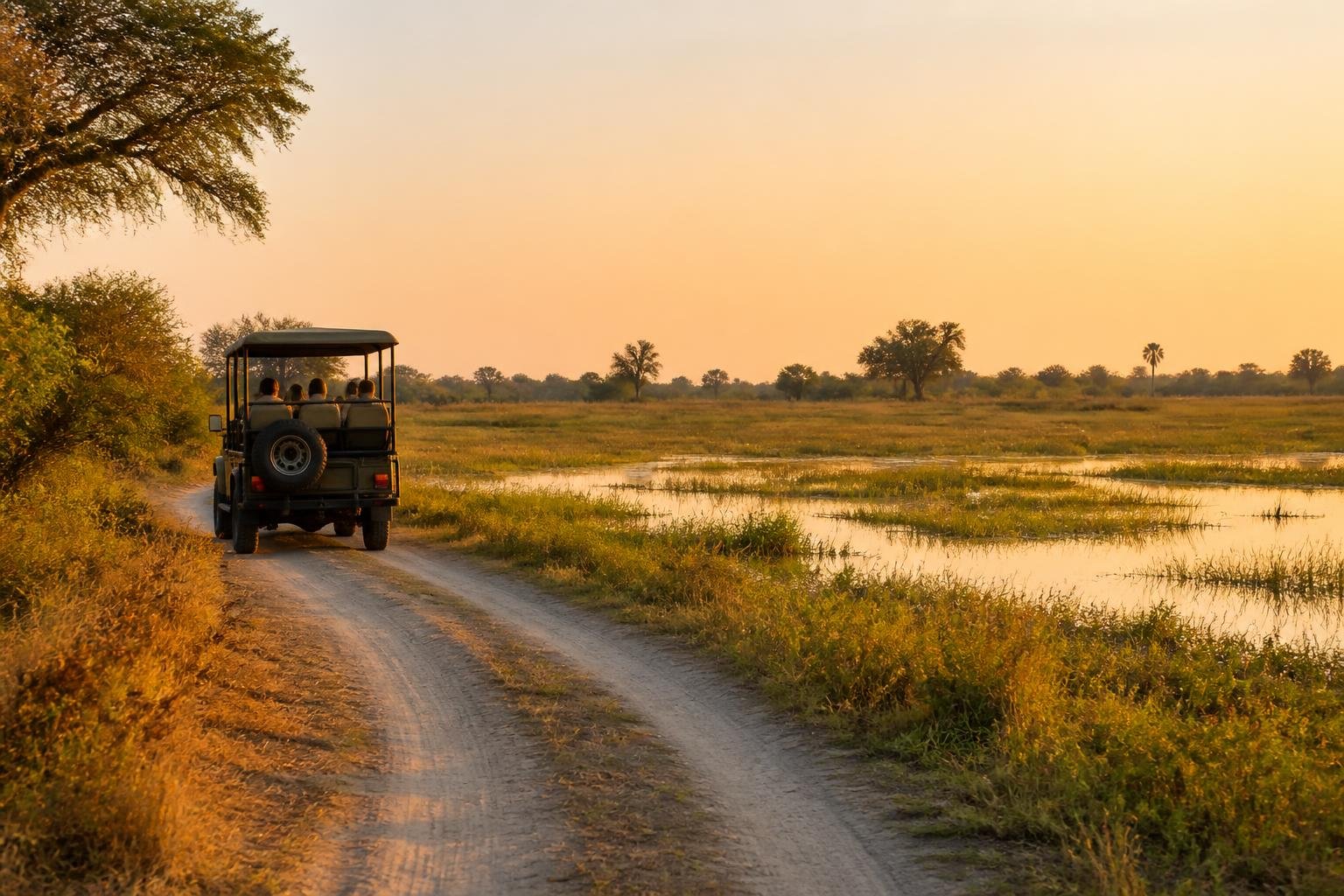 Safari au Botswana en véhicule 4x4 dans une plaine sauvage au coucher du soleil