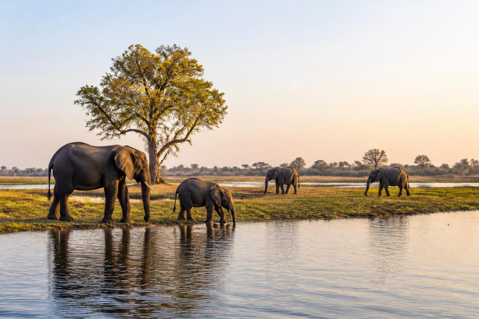 Paysage de safari dans le parc national de Chobe avec savane ouverte et points d’eau au Botswana