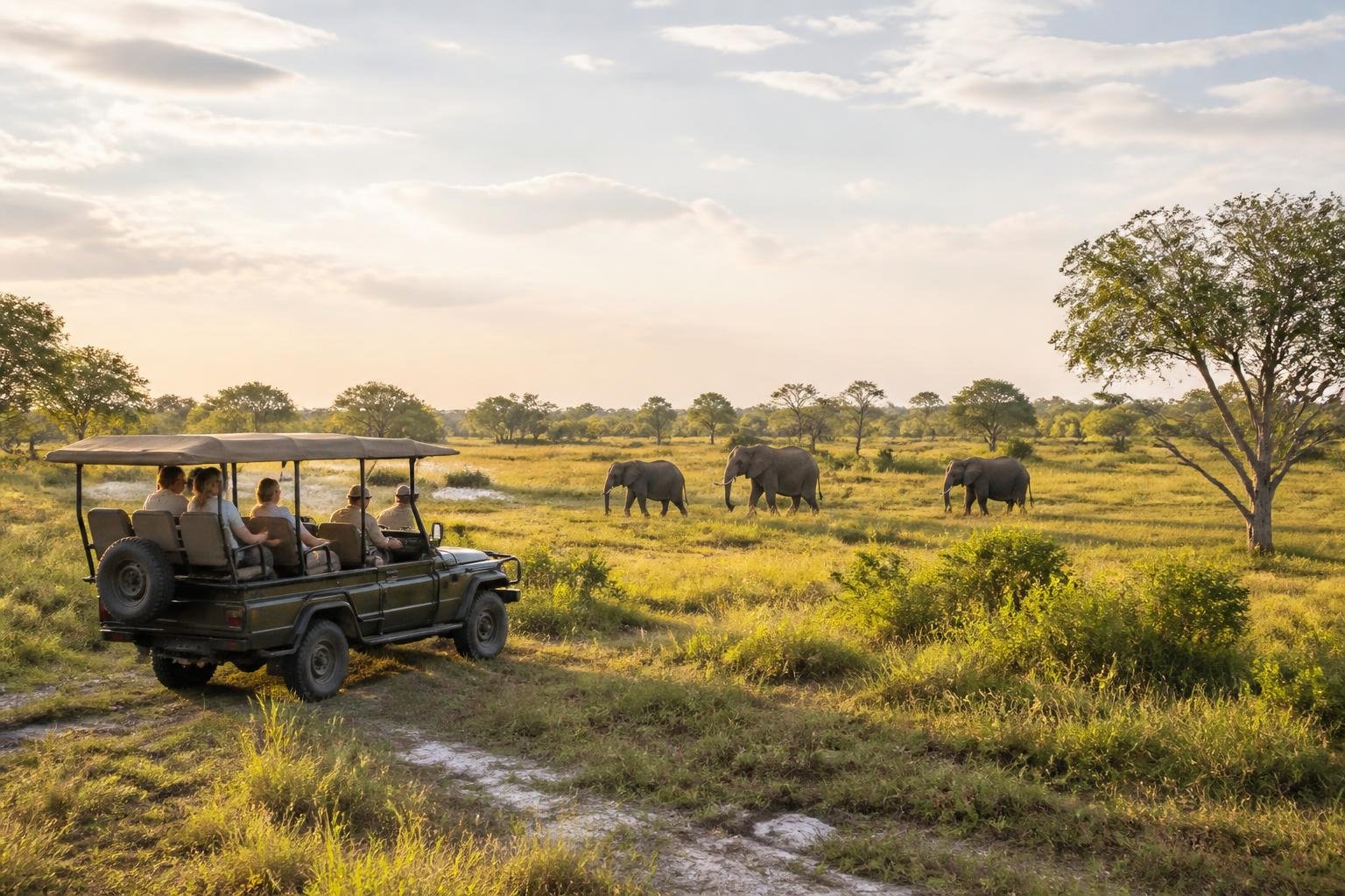 Safari au Botswana avec véhicule 4x4 face à un paysage de brousse et d’éléphants