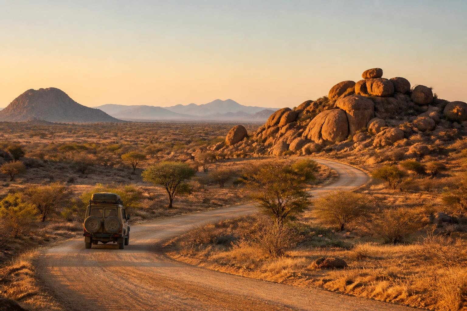 Itinéraire sur route entre la Namibie, le Botswana et le Zimbabwe dans un paysage d'Afrique australe