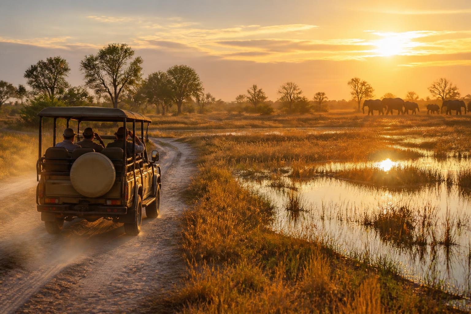 Safari au Botswana avec véhicule 4x4 sur piste rouge au coucher du soleil