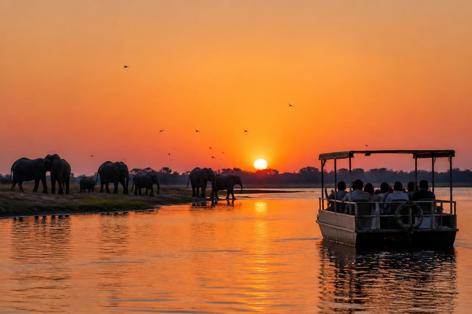 Bateau de safari sur la rivière Chobe près de Kasane avec éléphants sur la berge au coucher du soleil