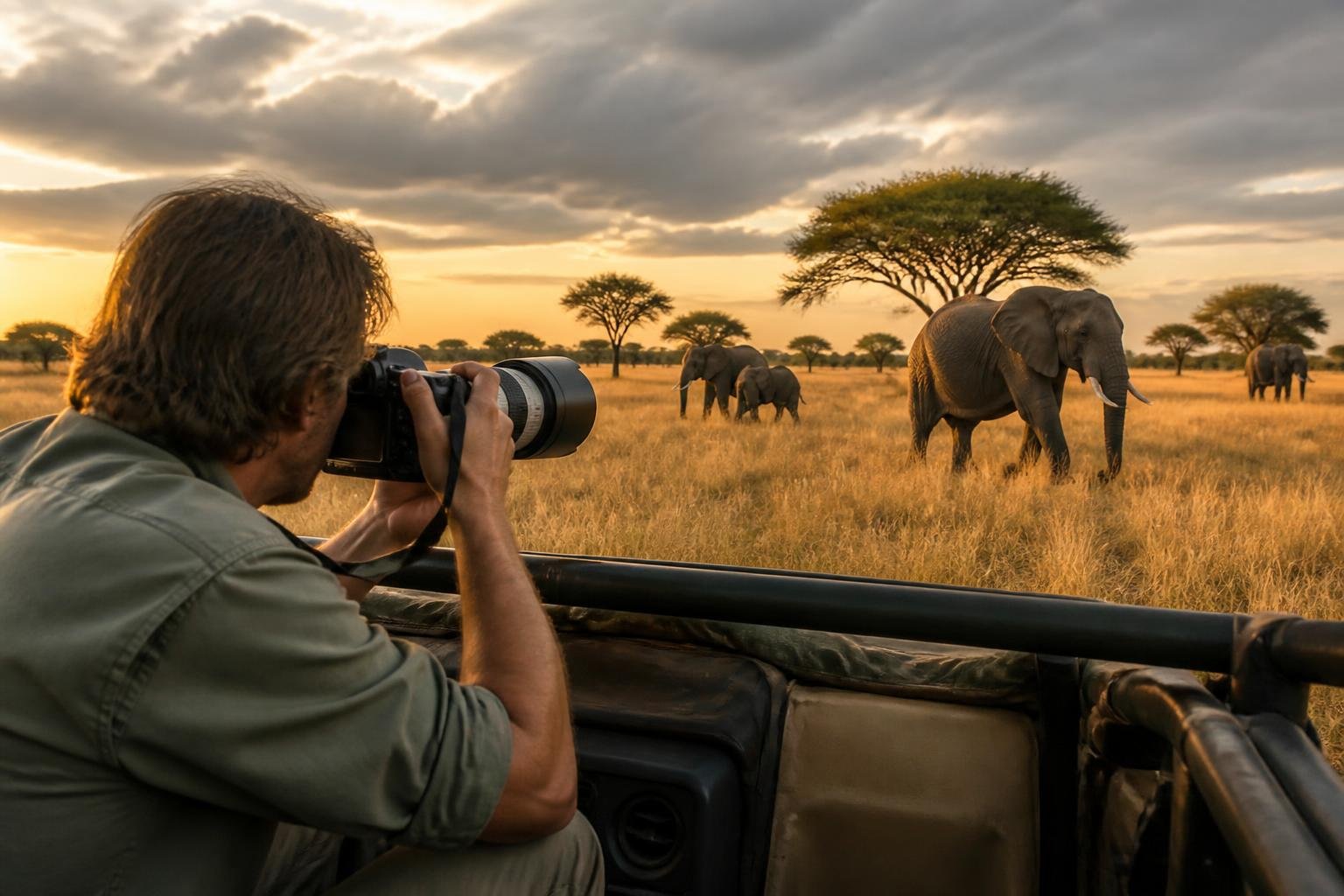 Photographe en safari au Botswana observant un éléphant au lever du soleil