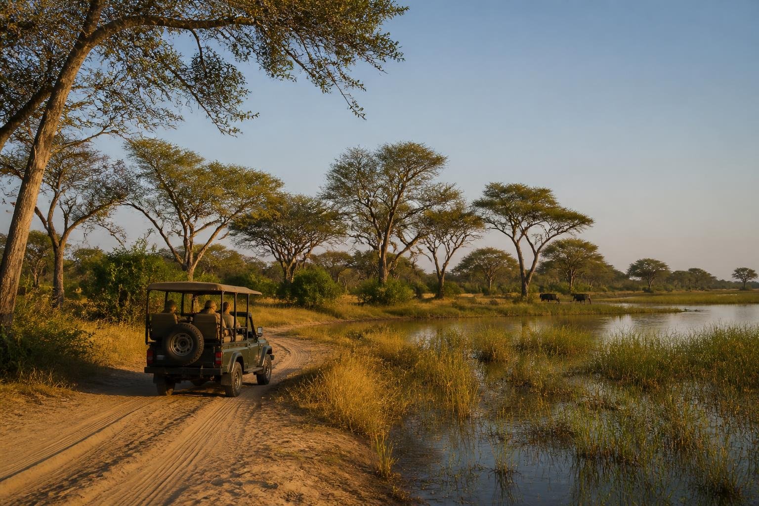 Safari dans la Réserve de Moremi au Botswana avec piste sableuse, véhicules 4x4 et paysage de delta