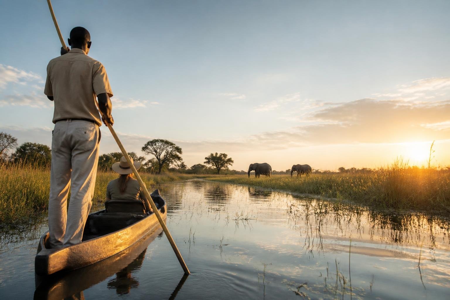 Safari en bateau dans le Delta de l’Okavango avec paysage de marais et ciel doré