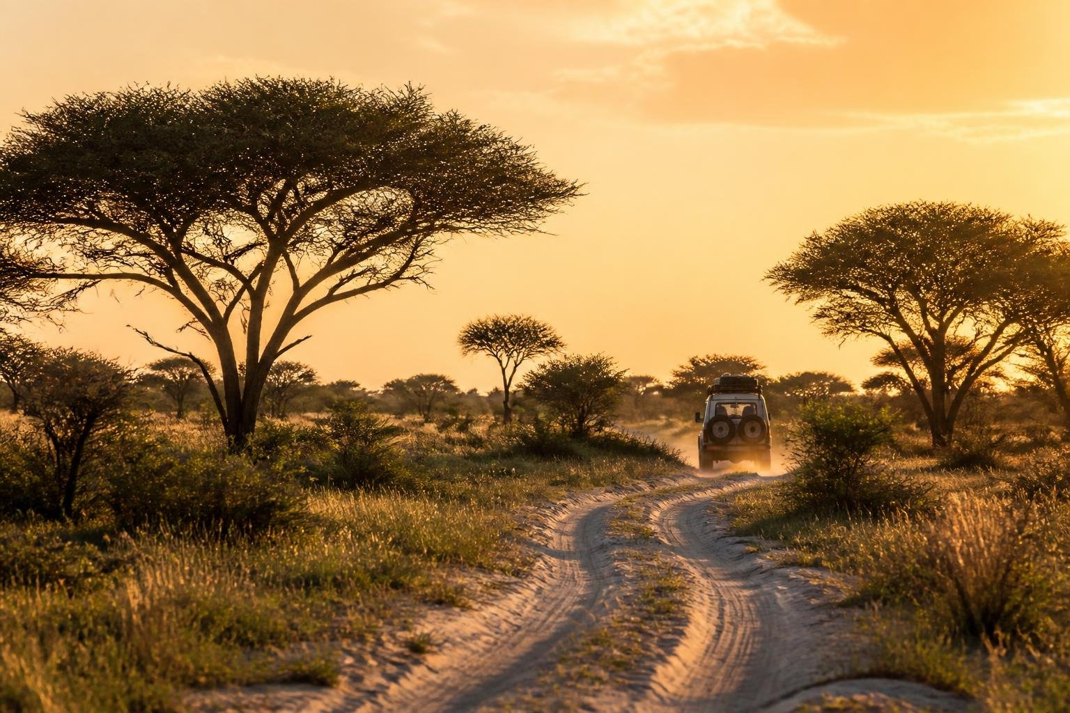 Road trip au Botswana en 4x4 sur une piste de savane avec paysage safari