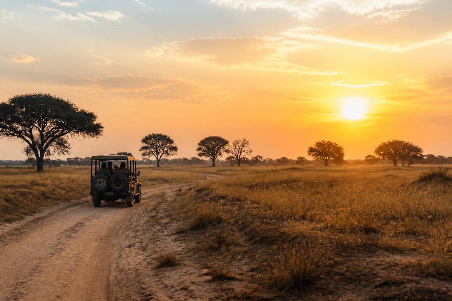 Safari au Botswana : véhicule de safari dans la savane au coucher du soleil